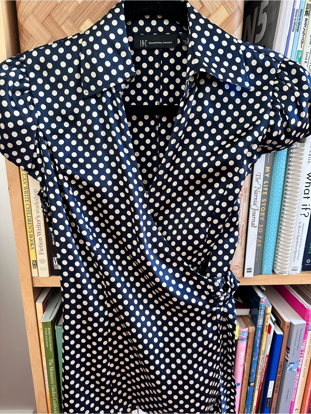 INC International Concepts Navy and White Polka Dot Wrap 100% Silk Blouse